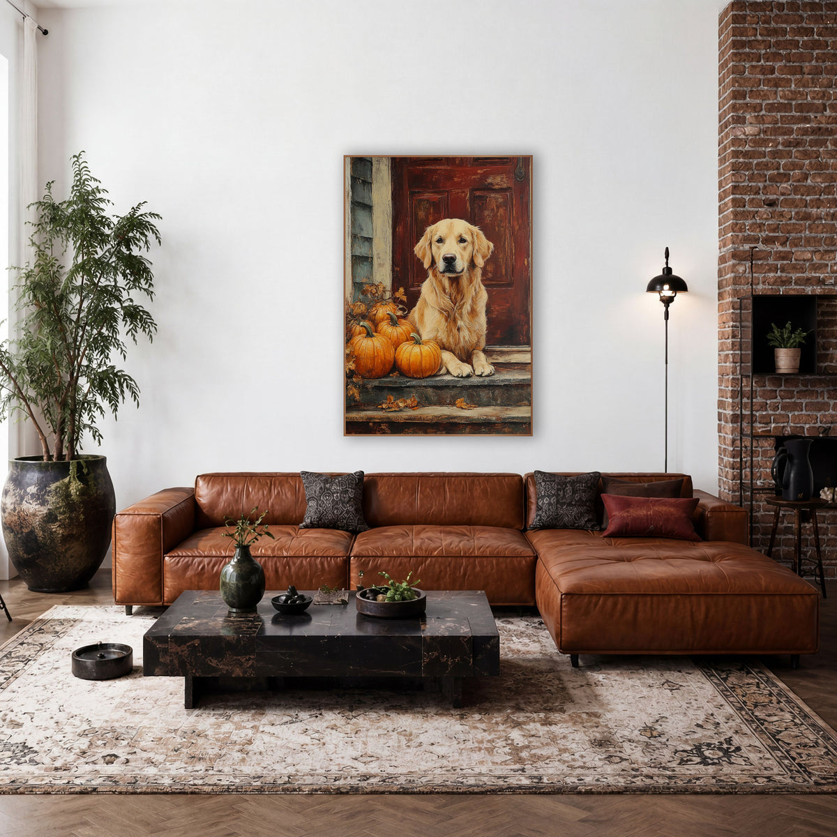 Golden Retriever Porch Pumpkin Farmhouse wall art in a farmhouse-style room – golden retriever sitting on weathered