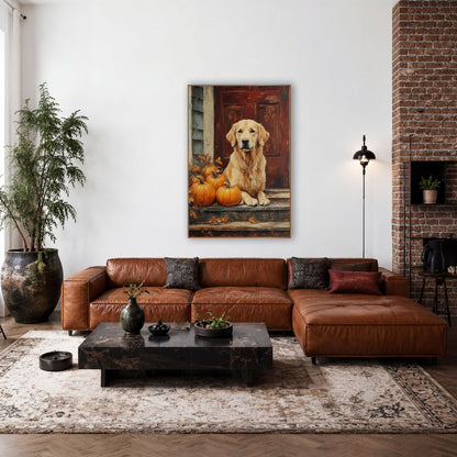 Golden Retriever Porch Pumpkin Farmhouse wall art in a farmhouse-style room – golden retriever sitting on weathered