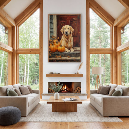 Golden Retriever Porch Pumpkin Farmhouse wall art in a farmhouse-style room – golden retriever sitting on weathered