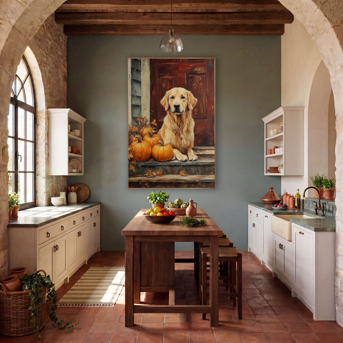 Golden Retriever Porch Pumpkin Farmhouse wall art in a farmhouse-style room – golden retriever sitting on weathered