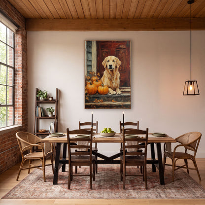 Golden Retriever Porch Pumpkin Farmhouse wall art in a farmhouse-style room – golden retriever sitting on weathered