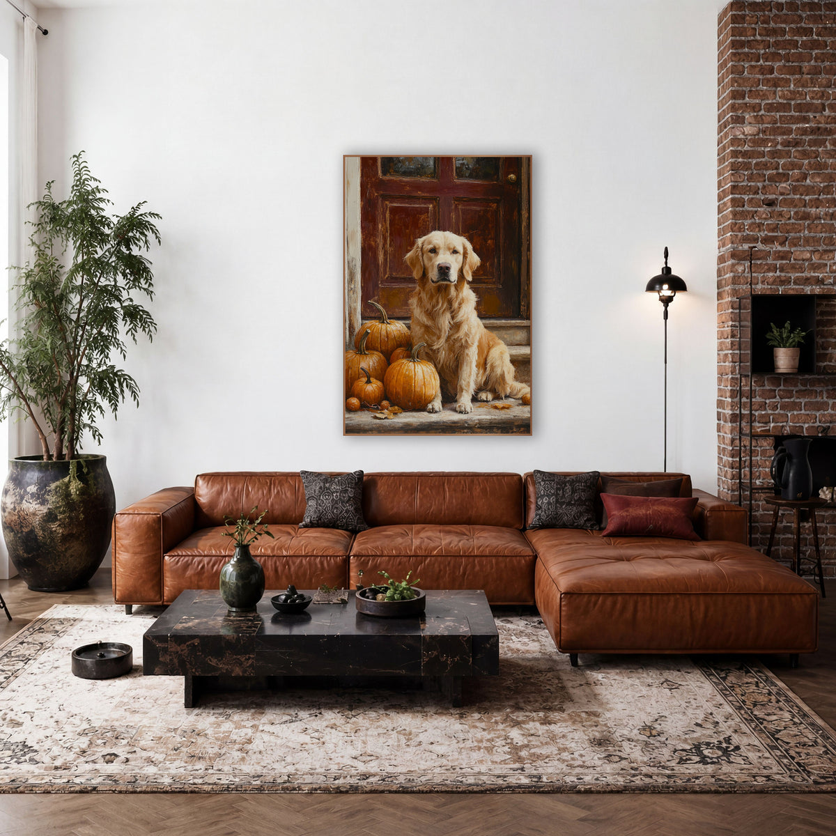 Golden Retriever Pumpkin Harvest Farmhouse wall art in a farmhouse-style room – golden retriever sitting beside orange