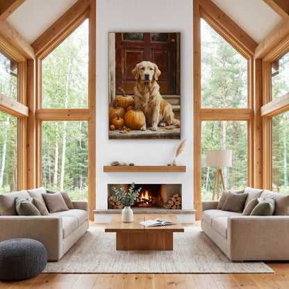 Golden Retriever Pumpkin Harvest Farmhouse wall art in a farmhouse-style room – golden retriever sitting beside orange