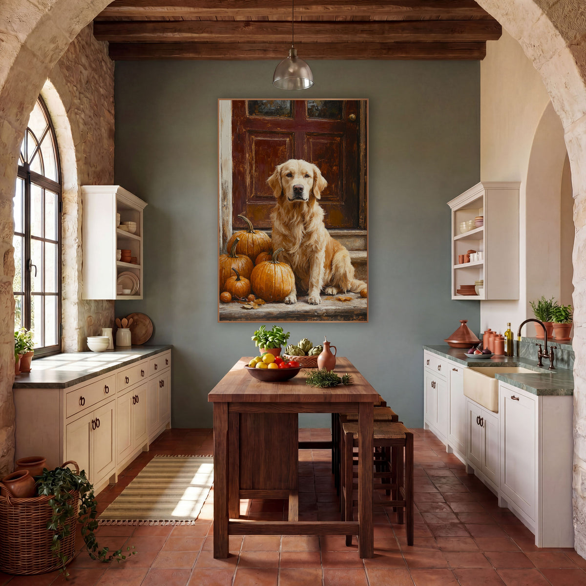 Golden Retriever Pumpkin Harvest Farmhouse wall art in a farmhouse-style room – golden retriever sitting beside orange