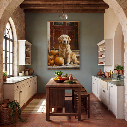 Golden Retriever Pumpkin Harvest Farmhouse wall art in a farmhouse-style room – golden retriever sitting beside orange