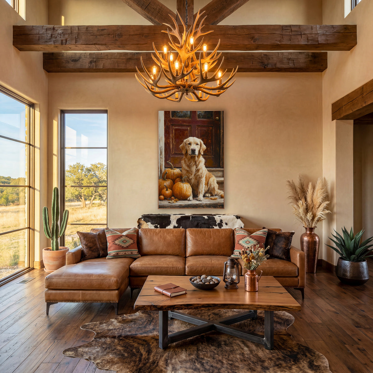 Golden Retriever Pumpkin Harvest Farmhouse wall art in a farmhouse-style room – golden retriever sitting beside orange