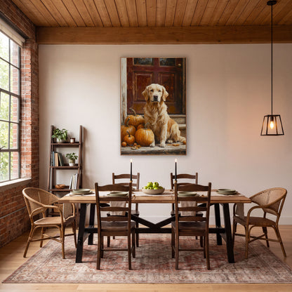 Golden Retriever Pumpkin Harvest Farmhouse wall art in a farmhouse-style room – golden retriever sitting beside orange