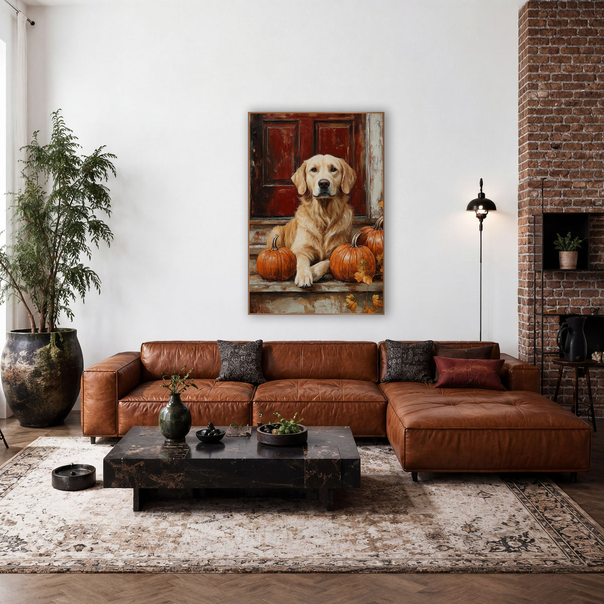 Golden Dog Autumn Porch Farmhouse wall art in a farmhouse-style room – golden dog sitting on a weathered porch step