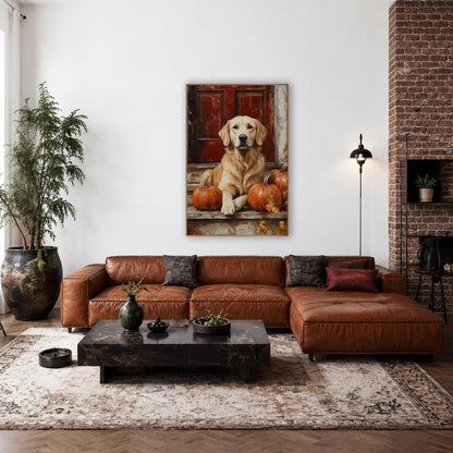 Golden Dog Autumn Porch Farmhouse wall art in a farmhouse-style room – golden dog sitting on a weathered porch step