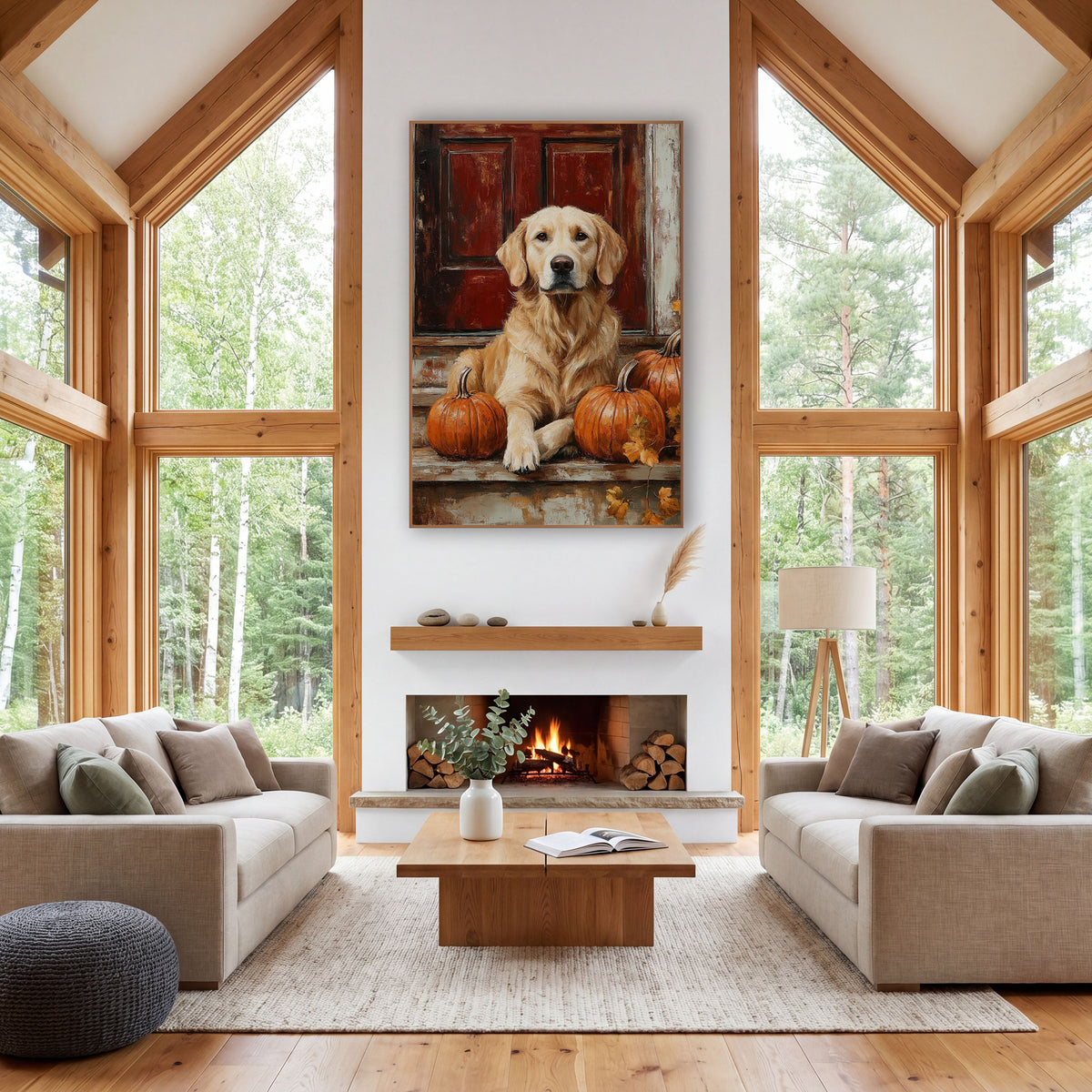 Golden Dog Autumn Porch Farmhouse wall art in a farmhouse-style room – golden dog sitting on a weathered porch step