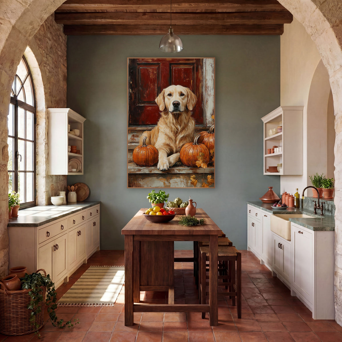 Golden Dog Autumn Porch Farmhouse wall art in a farmhouse-style room – golden dog sitting on a weathered porch step