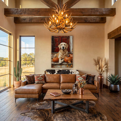 Golden Dog Autumn Porch Farmhouse wall art in a farmhouse-style room – golden dog sitting on a weathered porch step