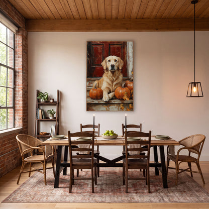 Golden Dog Autumn Porch Farmhouse wall art in a farmhouse-style room – golden dog sitting on a weathered porch step