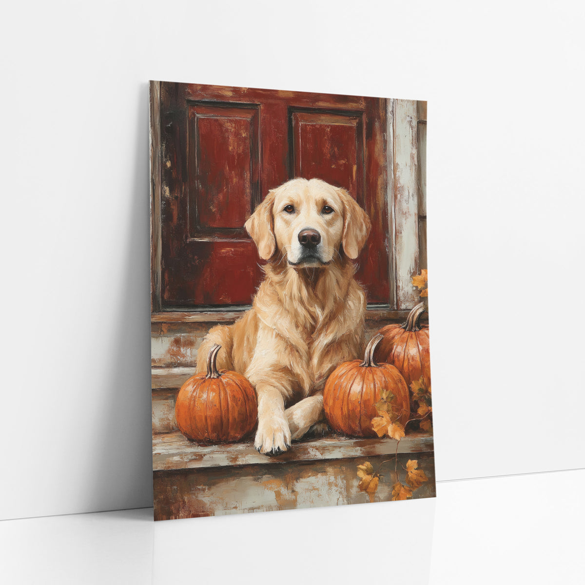 Golden Dog Autumn Porch Farmhouse art print leaning against a white wall – golden dog sitting on a weathered porch step