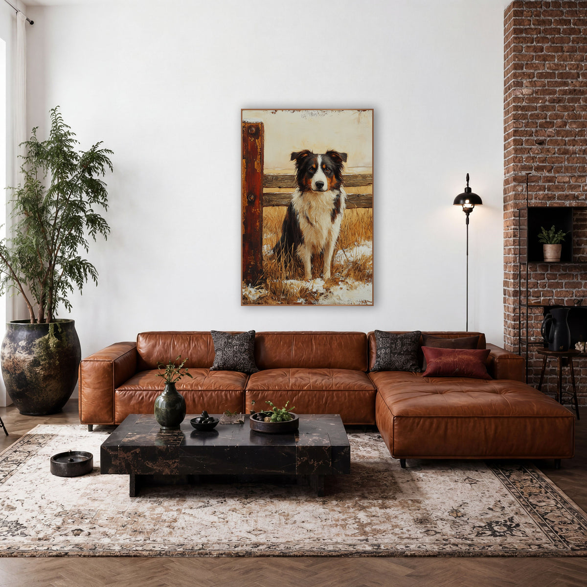 Border Collie Rustic Farmhouse wall art in a farmhouse-style room – seated black, white and tan border collie
