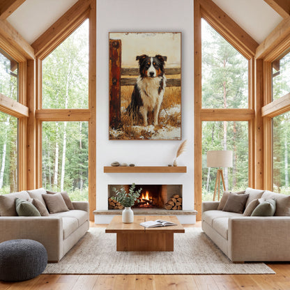 Border Collie Rustic Farmhouse wall art in a farmhouse-style room – seated black, white and tan border collie