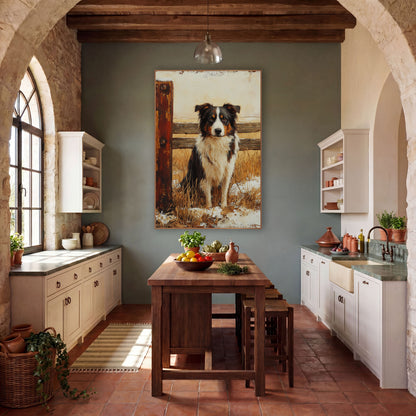 Border Collie Rustic Farmhouse wall art in a farmhouse-style room – seated black, white and tan border collie