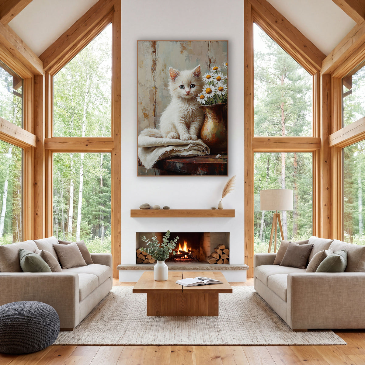 Daisy Kitten Brass Pitcher Painterly wall art in a farmhouse-style room – fluffy white kitten with blue eyes sitting
