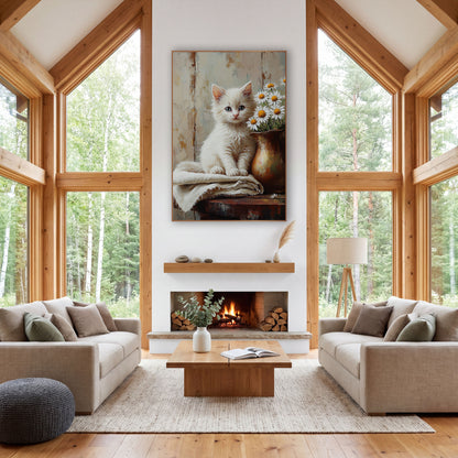 Daisy Kitten Brass Pitcher Painterly wall art in a farmhouse-style room – fluffy white kitten with blue eyes sitting