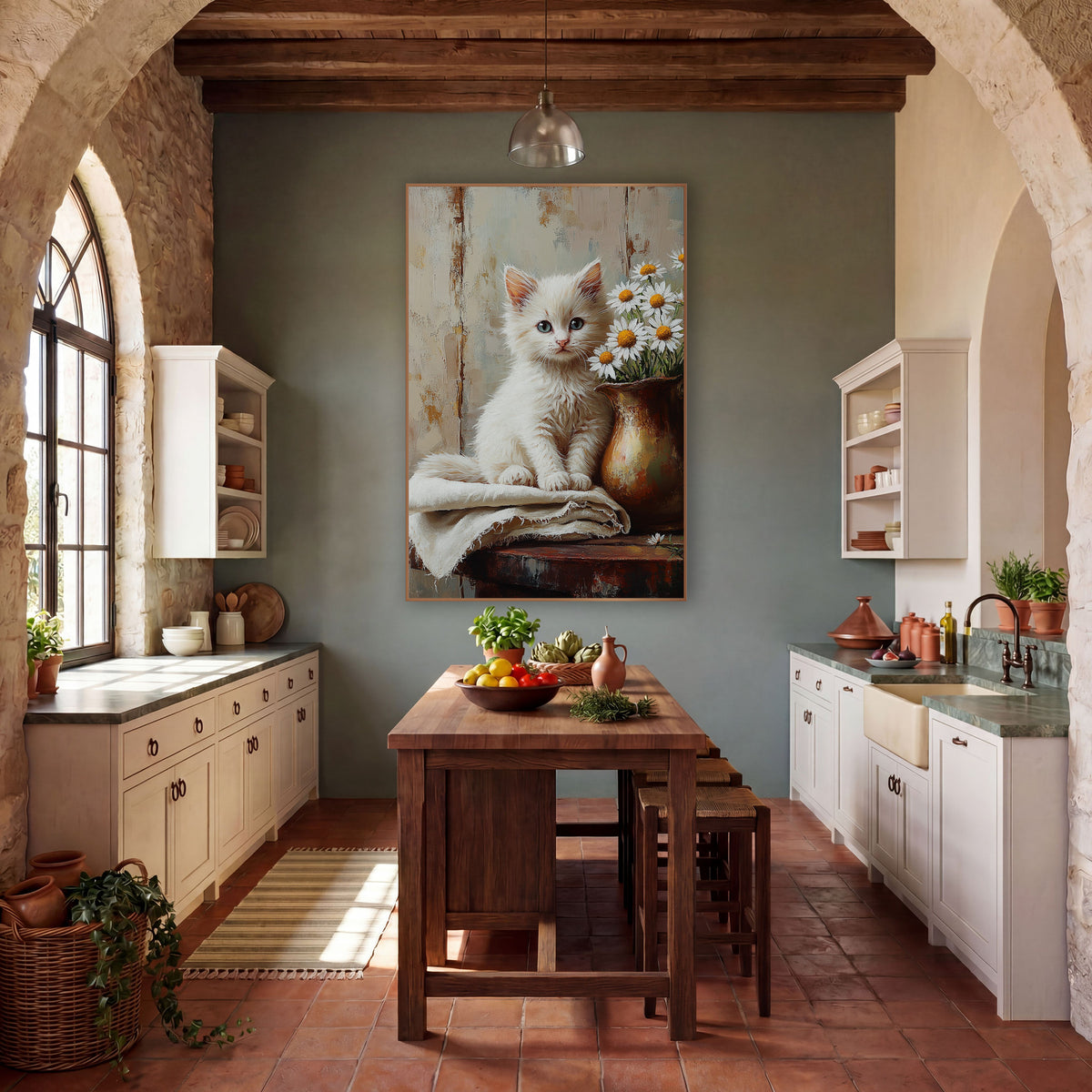 Daisy Kitten Brass Pitcher Painterly wall art in a farmhouse-style room – fluffy white kitten with blue eyes sitting
