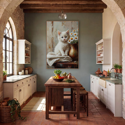 Daisy Kitten Brass Pitcher Painterly wall art in a farmhouse-style room – fluffy white kitten with blue eyes sitting