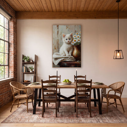 Daisy Kitten Brass Pitcher Painterly wall art in a farmhouse-style room – fluffy white kitten with blue eyes sitting