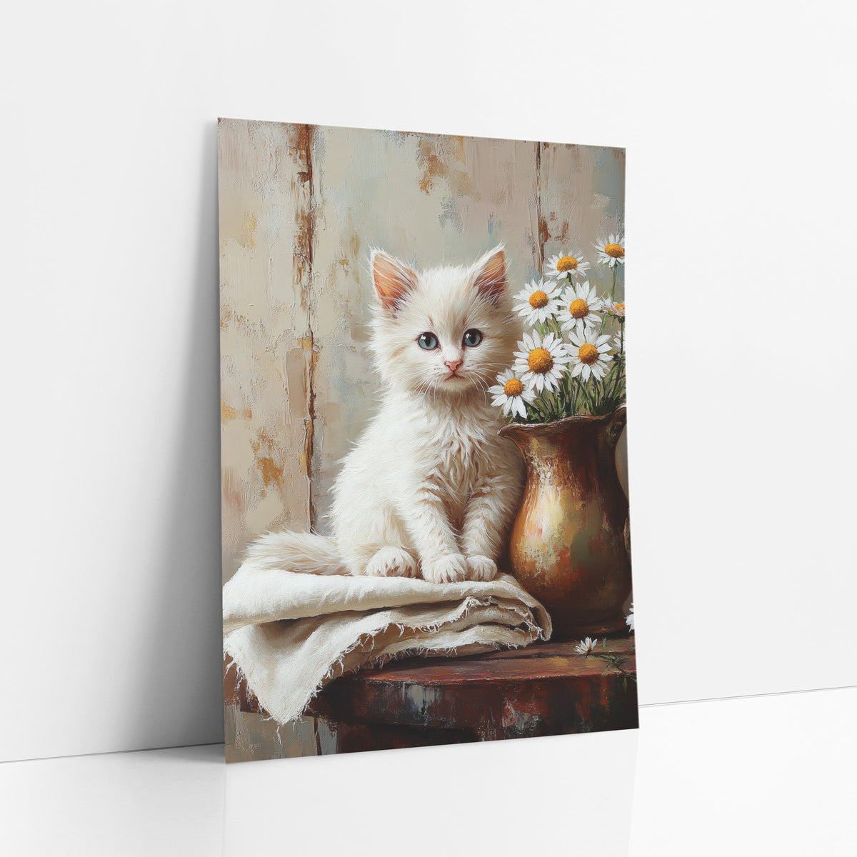 Daisy Kitten Brass Pitcher Painterly art print leaning against a white wall – fluffy white kitten with blue eyes sitting