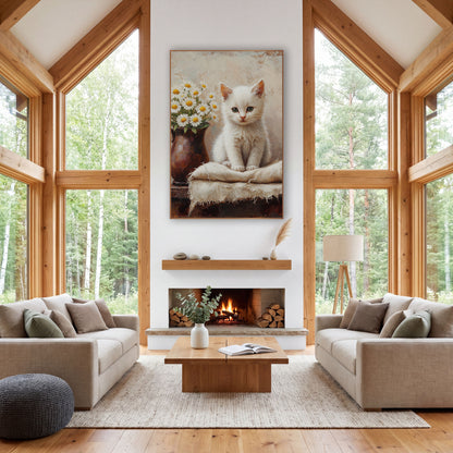 White Kitten and Daisies Farmhouse wall art in a farmhouse-style room – fluffy white kitten with green eyes sitting