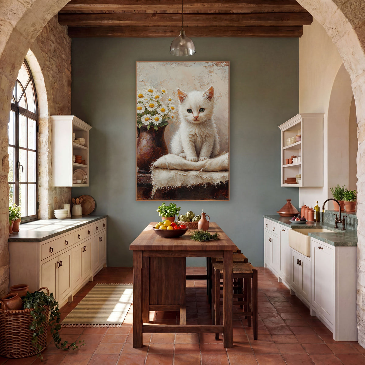 White Kitten and Daisies Farmhouse wall art in a farmhouse-style room – fluffy white kitten with green eyes sitting