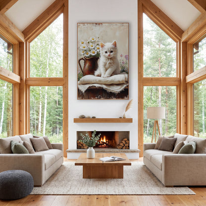 Wildflower Kitten Linen Cream Vintage wall art in a farmhouse-style room – fluffy white kitten sitting on a linen