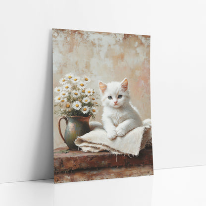 Resting Kitten Blush Plaster Rustic art print leaning against a white wall – white kitten on a cream cloth beside a pitcher