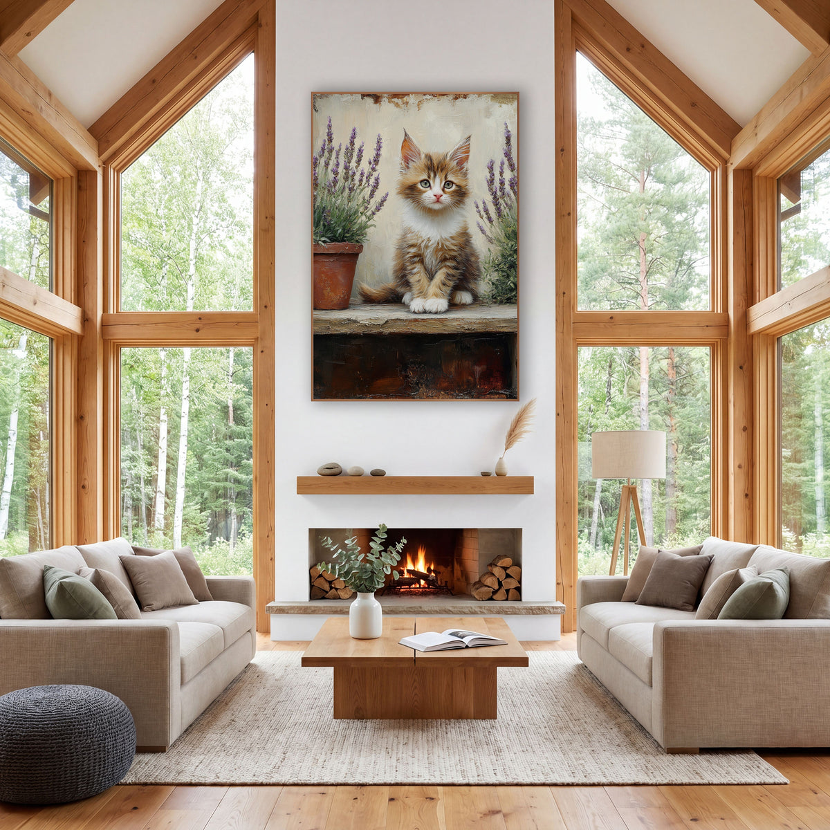 Front-Facing Kitten Between Lavender Pots Rustic wall art in a farmhouse-style room – fluffy ginger and white kitten