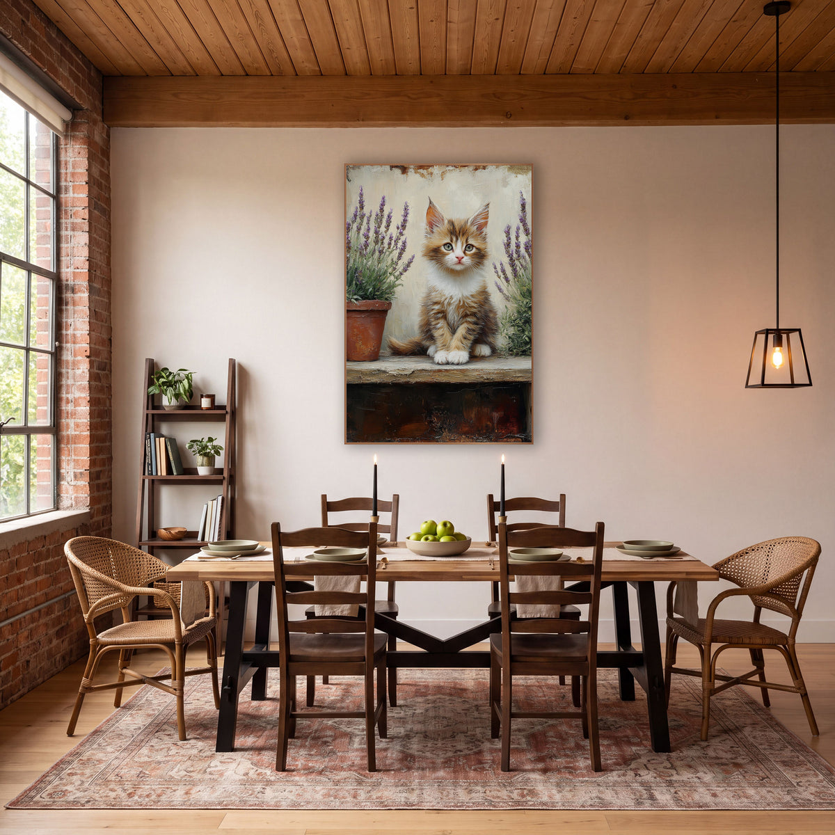 Front-Facing Kitten Between Lavender Pots Rustic wall art in a farmhouse-style room – fluffy ginger and white kitten