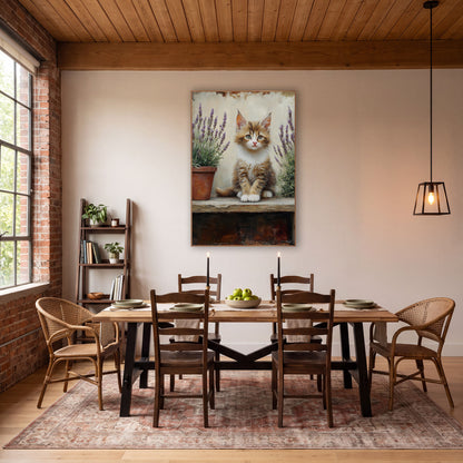 Front-Facing Kitten Between Lavender Pots Rustic wall art in a farmhouse-style room – fluffy ginger and white kitten