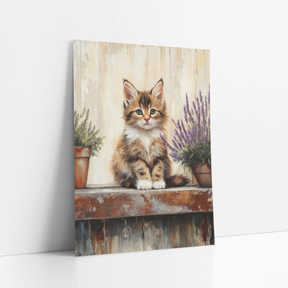 Tabby Kitten Rusty Bench Painterly art print leaning against a white wall – fluffy orange and white kitten sitting on a rusty