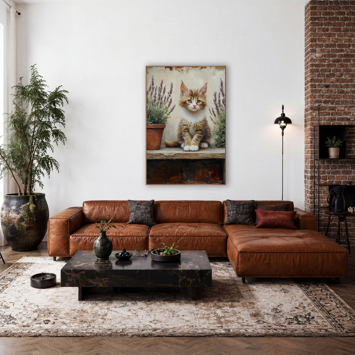 Centered Kitten Terracotta Pot Lavender Painterly wall art in a farmhouse-style room – fluffy ginger and white kitten