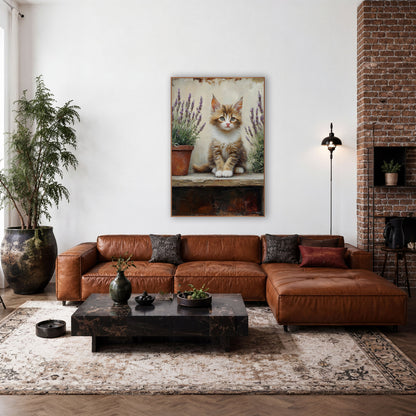 Centered Kitten Terracotta Pot Lavender Painterly wall art in a farmhouse-style room – fluffy ginger and white kitten