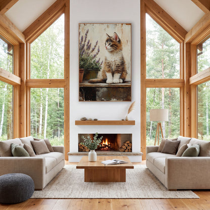 Sideways Gazing Kitten Lavender Weathered Plaster wall art in a farmhouse-style room – fluffy brown and white kitten