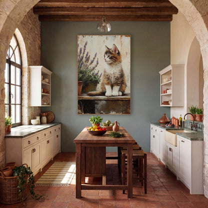 Sideways Gazing Kitten Lavender Weathered Plaster wall art in a farmhouse-style room – fluffy brown and white kitten