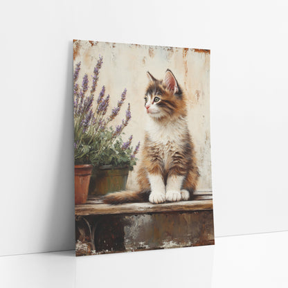 Sideways Gazing Kitten Lavender Weathered Plaster art print leaning against a white wall – fluffy brown and white kitten