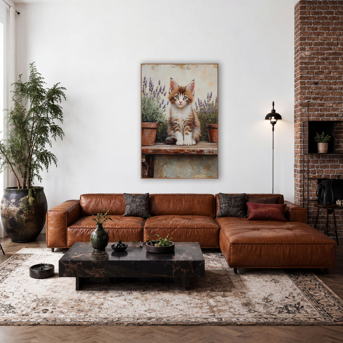 Calico Kitten Twin Lavender Pots Vintage wall art in a farmhouse-style room – fluffy orange and white kitten sitting