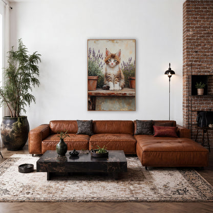 Calico Kitten Twin Lavender Pots Vintage wall art in a farmhouse-style room – fluffy orange and white kitten sitting