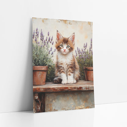Calico Kitten Twin Lavender Pots Vintage art print leaning against a white wall – fluffy orange and white kitten sitting