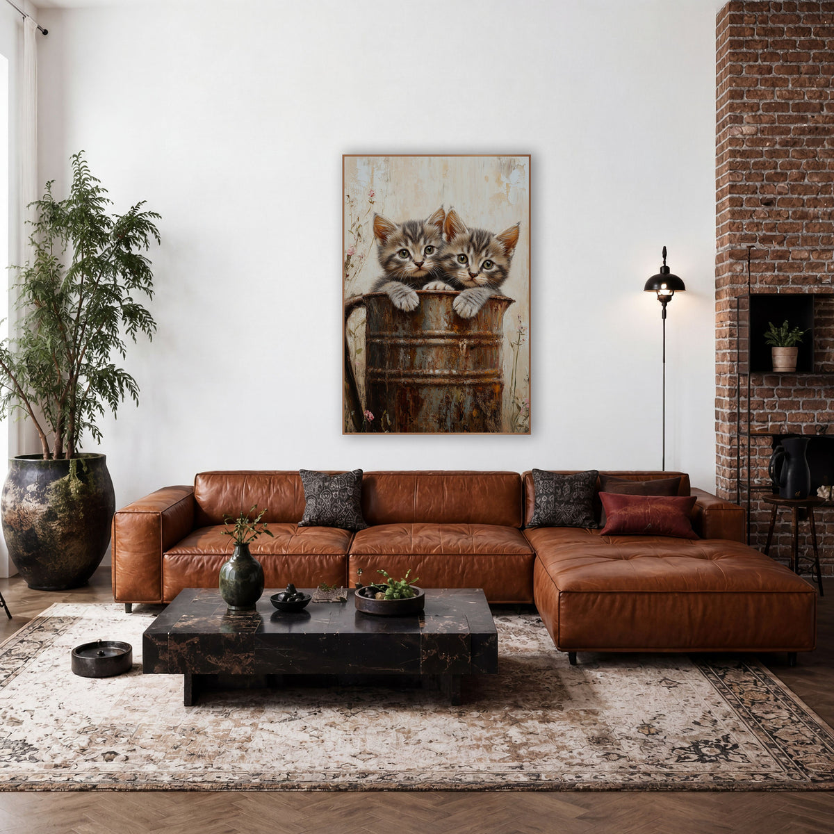 Tabby Kittens Rusty Pitcher Farmhouse wall art in a farmhouse-style room – two tabby kittens with green eyes peek