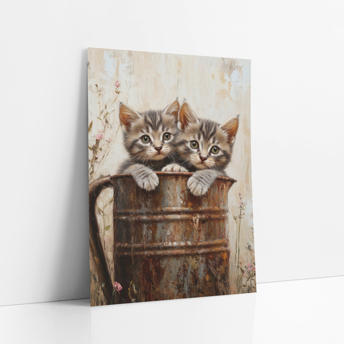 Tabby Kittens Rusty Pitcher Farmhouse art print leaning against a white wall – two tabby kittens with green eyes peek