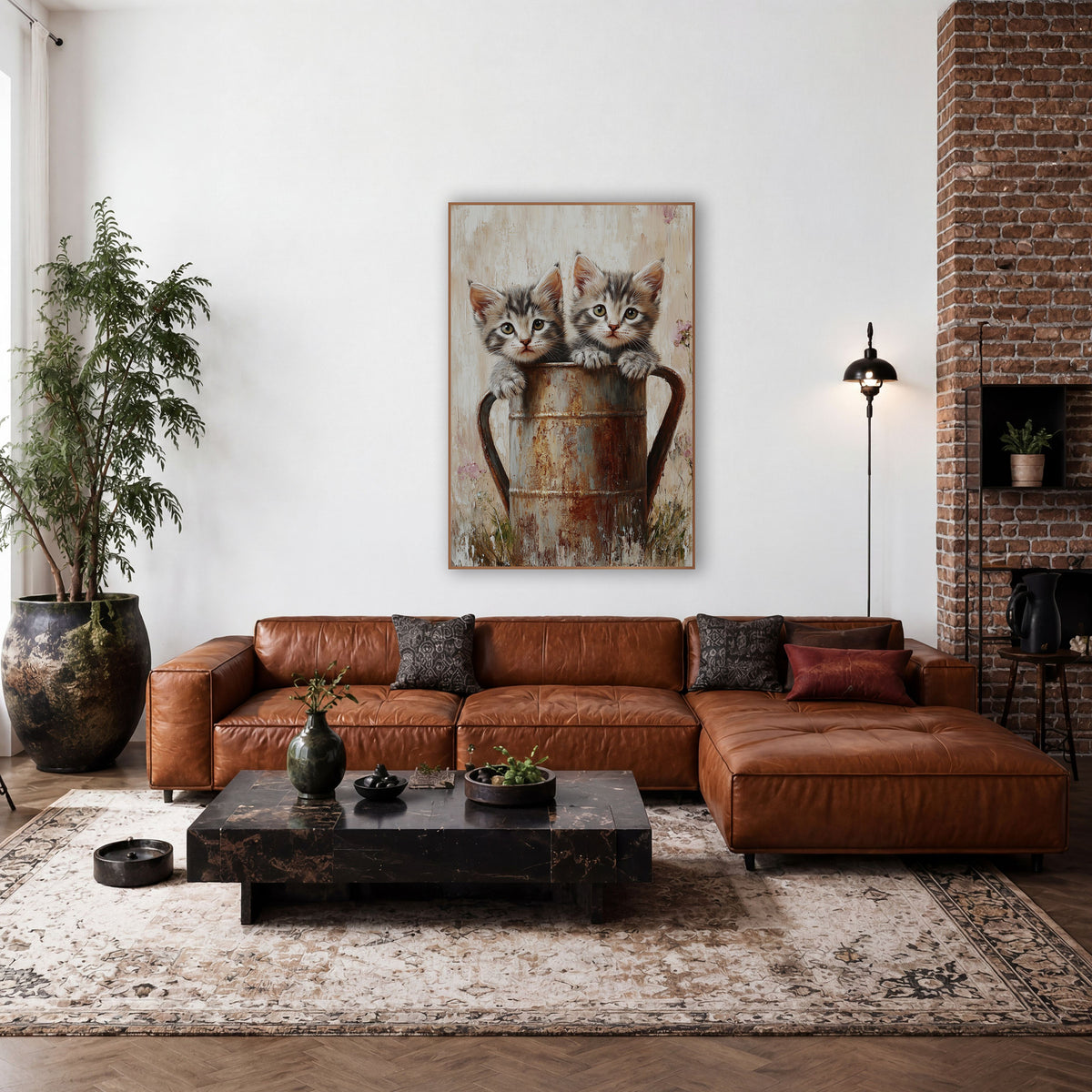Two Kittens Rusty Pail Farmhouse wall art in a farmhouse-style room – two gray tabby kittens peeking over the rim