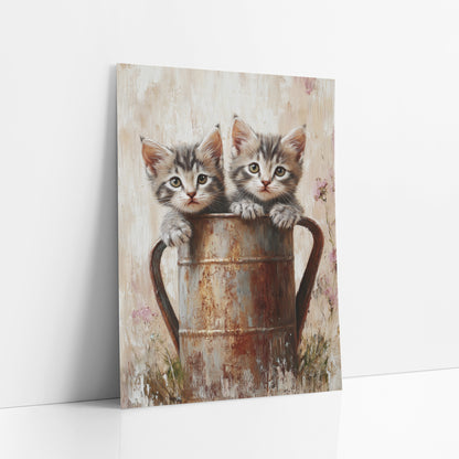 Two Kittens Rusty Pail Farmhouse art print leaning against a white wall – two gray tabby kittens peeking over the rim