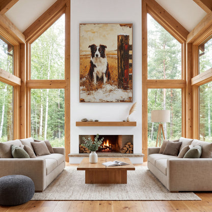 Border Collie Snowy Fence Farmhouse wall art in a farmhouse-style room – border collie sitting in dry golden grass