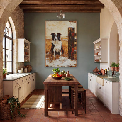 Border Collie Snowy Fence Farmhouse wall art in a farmhouse-style room – border collie sitting in dry golden grass