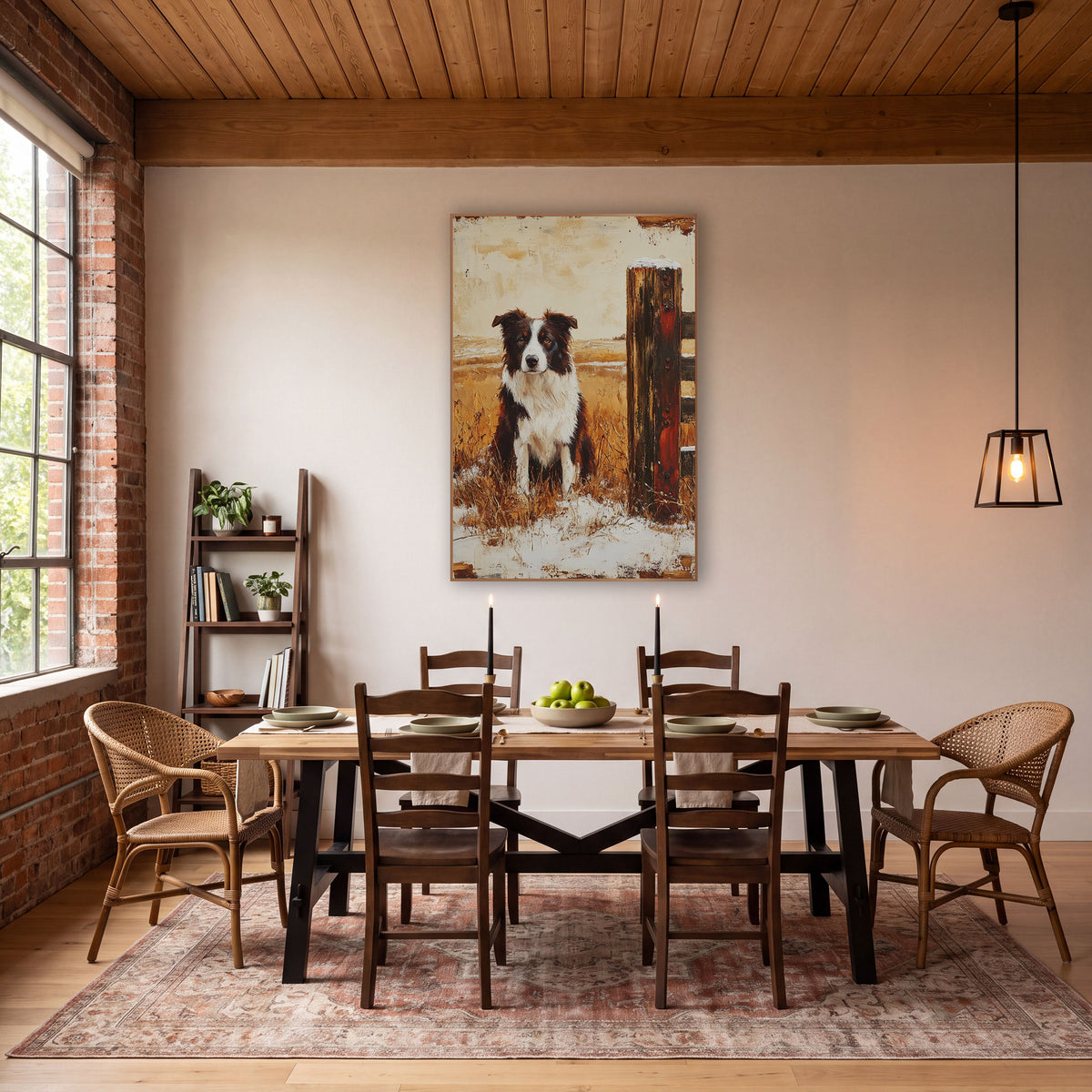 Border Collie Snowy Fence Farmhouse wall art in a farmhouse-style room – border collie sitting in dry golden grass